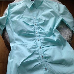 5/$13| ***** New Rhinestones Mint Button Down Ruched Front Blouse